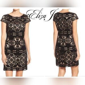 Elisa J. Black velvet lace geometric dress short sleeved size 6 Nwt